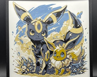 Eevee and Umbreon Wall Art – 3D Printed Pokémon Decor – Eeveelution Fan Gift – Framed Gen 2 Johto Art for Gamer Room