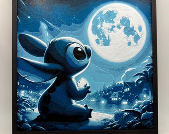 3D Printed Stitch Wall Art – Moonlit Night by the Village – Perfect Gift for Disney Fans and Collectors