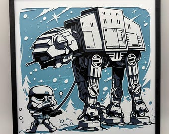 Chibi Stormtrooper Wall Art | Geek Home Theater Decor | Kawaii Dark Side & AT-AT Walker | Star Wars Shelf Sign | Scifi Nursery Gift