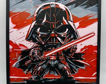 Chibi Darth Vader Wall Art | Kawaii Dark Side Filament Painting | Sith Aesthetic & Red Lightsaber | Geeky Desk Swag | Nerdy Nursery Prop