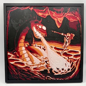 Metroid Wall Art – 3D Samus vs Magmoor Caverns Battle | Framed Retro Gaming Decor | Super Metroid SNES Fan Gift | Sci-Fi Room Art