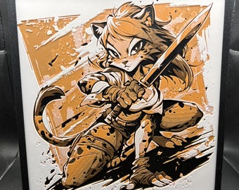 Tabaxi Rogue Art | Anthro Cat Warrior Portrait | Fantasy RPG Aesthetic | 3D Filament Painting | Gamer Desk Decor