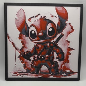 May include: A red and blue cartoon character with large eyes and a sword. The character is wearing a red and black suit with a belt and a skull logo. The background is white with red splatters.