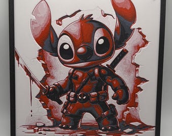 Stitch Deadpool 3D Art | Framed Wall Decor for Comic Book Fan Gamers | Nerdy Gifts Pop Culture Home Office Artwork