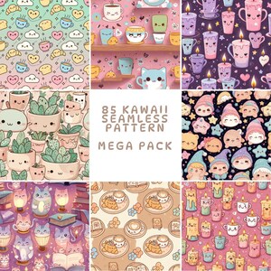 Puede incluir: Una colección de nueve patrones sin costuras kawaii coloridos. Los patrones presentan varios diseños lindos, incluyendo tazas de café sonrientes, cactus, gnomos, velas y gatos. El texto "85 Kawaii Seamless Pattern Mega Pack" también es visible.