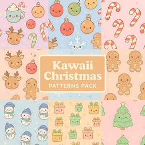 Puede incluir: Una colección de patrones Kawaii navideños con adorables ilustraciones de renos, hombres de jengibre, muñecos de nieve, regalos, adornos, bastones de caramelo y árboles de Navidad. Los patrones son en colores pastel.