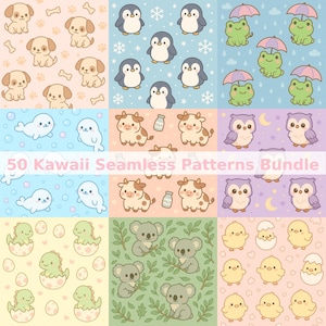 May include: A bundle of 50 Kawaii seamless patterns showcasing cute animals and objects. The patterns include puppies, penguins, frogs, seals, cows, owls, dinosaurs, koalas, and chicks. The patterns are in various colours, including pink, blue, and green.