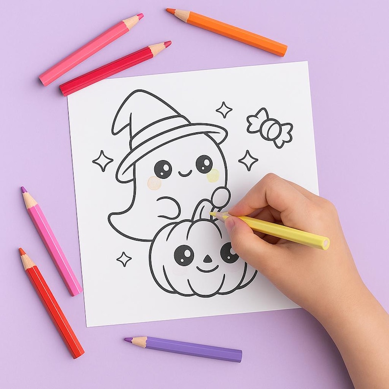 May include: A white paper with a Halloween-themed illustration of a ghost and pumpkin, being colored with a yellow pencil. Several colored pencils in shades of pink, red, orange, and purple are scattered around the paper on a purple background.