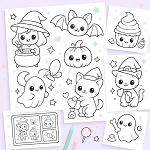 May include: Black and white Halloween-themed illustrations featuring a witch, bat, pumpkin, ghost, cat, and cupcake. The drawings are in a cute, cartoon style, with stars and hearts scattered around the images. A coloring book page is also included.