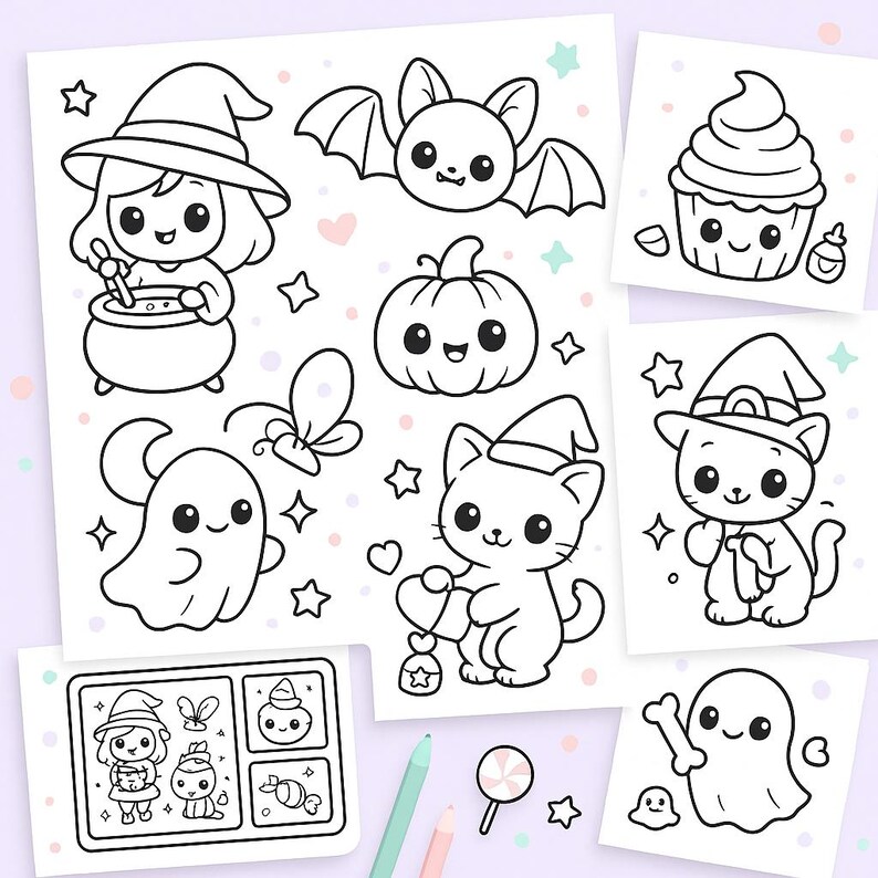 May include: Black and white Halloween-themed illustrations featuring a witch, bat, pumpkin, ghost, cat, and cupcake. The drawings are in a cute, cartoon style, with stars and hearts scattered around the images. A coloring book page is also included.