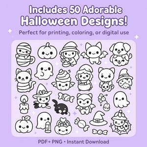 May include: A digital download featuring 50 adorable Halloween designs in black and white. Includes images of ghosts, pumpkins, witches, cats, bats, and other festive characters. Text reads "Includes 50 Adorable Halloween Designs!" and "Perfect for printing, coloring, or digital use."