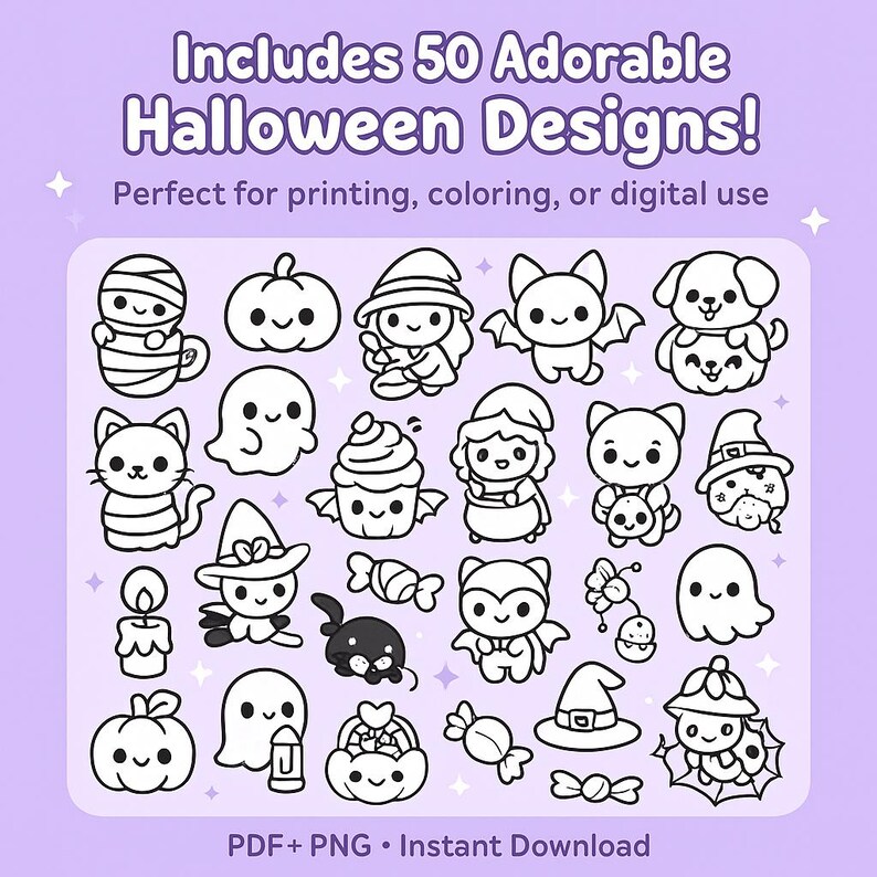 May include: A digital download featuring 50 adorable Halloween designs in black and white. Includes images of ghosts, pumpkins, witches, cats, bats, and other festive characters. Text reads "Includes 50 Adorable Halloween Designs!" and "Perfect for printing, coloring, or digital use."