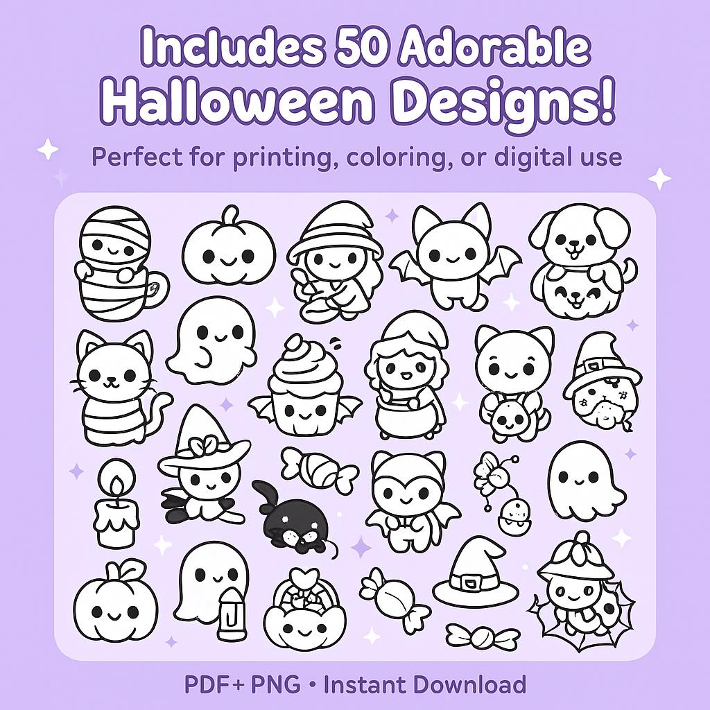 50 Kawaii Halloween Coloring Pages – Cute Printable Coloring Book for ...