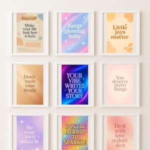 May include: Nine framed motivational quote prints with white frames. The quotes include phrases like "Make your life look how it feels" and "Don't be afraid to sparkle." The top text reads "100 Motivational Aesthetic Quotes."