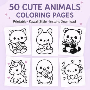 50 söta djur målarbilder | Kawaii målarbok för barn och vuxna | Utskrivbar linjeteckning | Digital nedladdning | Chibi djur målarbilder