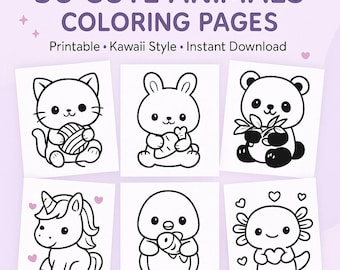 50 Cute Animals Coloring Pages | Kawaii Coloring Book for Kids&Adults | Printable Line Art | Digital Download | Chibi Animal Coloring Sheets