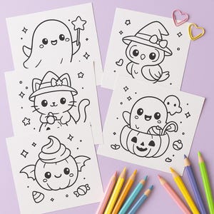 May include: A collection of Halloween-themed coloring pages featuring cute cartoon characters like ghosts, owls, and cats. The black and white illustrations are on white paper, with colored pencils and paperclips in the background.