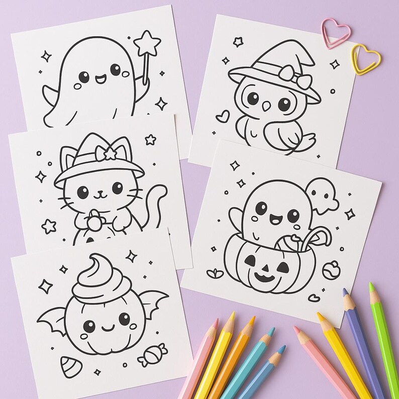May include: A collection of Halloween-themed coloring pages featuring cute cartoon characters like ghosts, owls, and cats. The black and white illustrations are on white paper, with colored pencils and paperclips in the background.