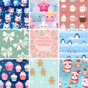 Puede incluir: Una colección de nueve patrones sin costuras con un tema navideño kawaii en tonos pastel. Los patrones presentan varios diseños, incluyendo gatos con gorros de Papá Noel, estrellas sonrientes, tazas de chocolate caliente, lazos, pingüinos, cupcakes, hombres de jengibre y bastones de caramelo.