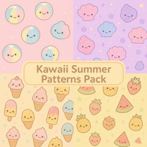 Può includere: Un set di motivi estivi Kawaii con palloni da spiaggia, conchiglie, coni gelato, ghiaccioli, fragole, angurie e ananas. I motivi sono in colori pastello con facce sorridenti. Il testo "Kawaii Summer Patterns Pack" è in un rettangolo arrotondato.