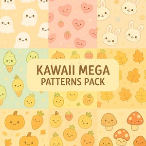 Puede incluir: Una colección de patrones de estilo kawaii con fantasmas, corazones, conejitos, conos de helado, calabazas, zanahorias, naranjas, fresas, hojas y setas. Los patrones son en colores pastel, con el texto "KAWAII MEGA PATTERNS PACK" en el centro.