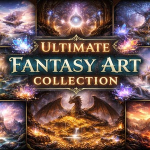 Puede incluir: Colección de grabados de arte fantástico con paisajes diversos, incluyendo castillos flotantes, cascadas y un dragón. El texto "ULTIMATE FANTASY ART COLLECTION" se muestra de forma destacada.