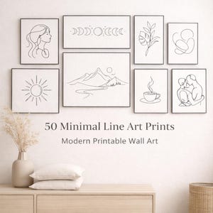 以下が含まれることがあります： 黒と白のミニマリストラインアートプリントが8枚額装されています。女性の横顔、月の満ち欠け、葉、抽象的な人物、太陽、山、コーヒーカップ、カップルのデザインが特徴です。「50 Minimal Line Art Prints」と「Modern Printable Wall Art」の文字があります。