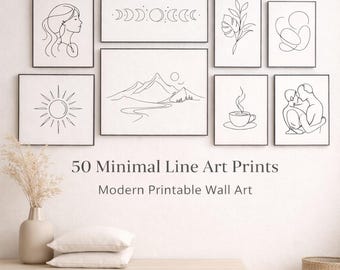 50 Minimal Line Art Prints | Modern Printable Wall Art Set | Abstract Faces & Botanical One Line Art | Instant Download