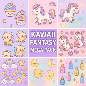 Puede incluir: Una colección de ilustraciones de estilo kawaii con cupcakes, unicornios, criaturas aladas, arcoíris, estrellas, lunas, soles y velas. El texto "KAWAII FANTASY MEGA PACK" se muestra en un cuadro morado.