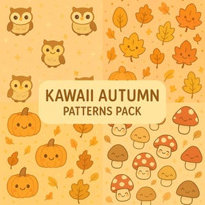 Puede incluir: Un conjunto de patrones kawaii de otoño con búhos, calabazas, hojas y setas en tonos naranja, amarillo y marrón. El texto "KAWAII AUTUMN PATTERNS PACK" se muestra en una pancarta amarilla clara.