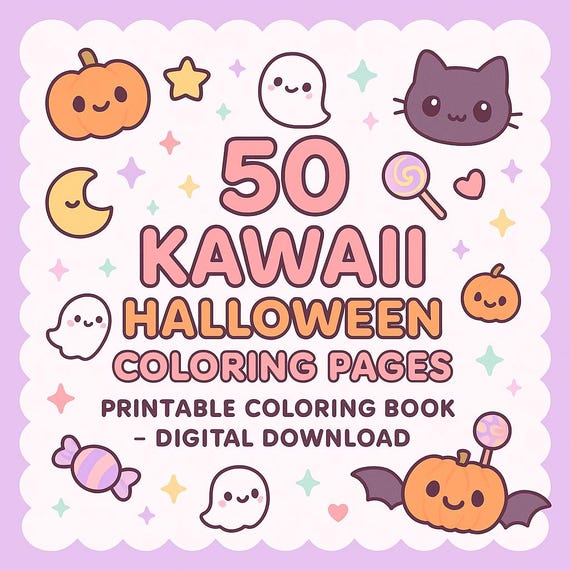 50 Kawaii Halloween Coloring Pages – Cute Printable Coloring Book for Kids & Adults | Ghosts, Pumpkins, Cats, Candy – Digital Download (JPG)