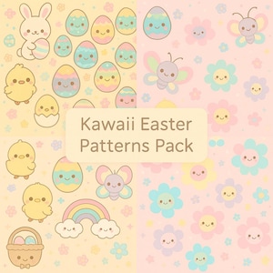 Puede incluir: Cuatro patrones Kawaii de Pascua con conejitos, pollitos, huevos, mariposas, flores y arcoíris de dibujos animados en colores pastel. El texto "Kawaii Easter Patterns Pack" se muestra en un rectángulo crema.