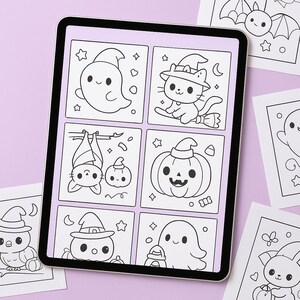 May include: A digital tablet displays a Halloween-themed coloring book page with six square illustrations. The illustrations feature a ghost, a cat on a broom, a bat, a pumpkin, a bird, and another ghost, all in a cute, cartoon style.