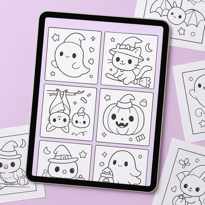 May include: A digital tablet displays a Halloween-themed coloring book page with six square illustrations. The illustrations feature a ghost, a cat on a broom, a bat, a pumpkin, a bird, and another ghost, all in a cute, cartoon style.