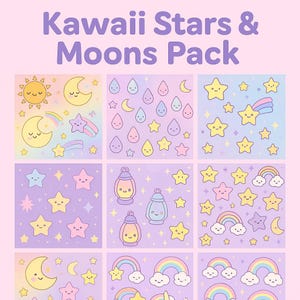 Puede incluir: Un paquete de nueve diseños cuadrados con estrellas, lunas, soles, arcoíris y linternas kawaii en colores pastel. El texto "Kawaii Stars & Moons Pack" está en la parte superior en morado. Cada diseño tiene una disposición diferente de los elementos kawaii.