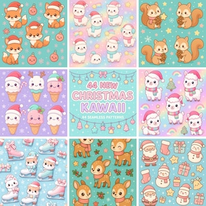 Puede incluir: Una colección de nueve patrones coloridos de estilo caricatura con personajes kawaii y temas navideños. Los patrones incluyen zorros, llamas, ardillas, conos de helado, ciervos y figuras de Papá Noel. También está presente el texto "44 NEW CHRISTMAS KAWAII".