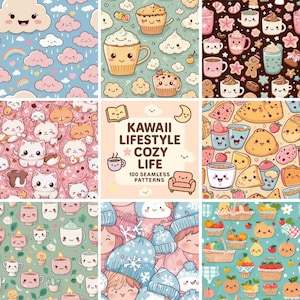 Puede incluir: Colección de nueve patrones sin costuras con temática kawaii. Los patrones presentan nubes sonrientes, gatos, comida y personas con gorros de invierno. También está presente el texto "KAWAII LIFESTYLE COZY LIFE".