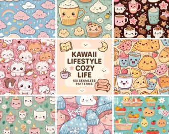 100 Kawaii Cozy Life Seamless Patterns | Cute Pastel Lifestyle Digital Paper | Cozy Coffee, Cats, Books & Home Aesthetic Backgrounds