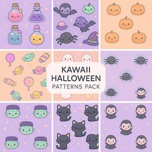 Puede incluir: Una colección de patrones Kawaii de Halloween con ilustraciones de pociones, murciélagos, calabazas, arañas, fantasmas, caramelos, Frankenstein, gatos negros y vampiros. El texto "KAWAII HALLOWEEN PATTERNS PACK" está presente.