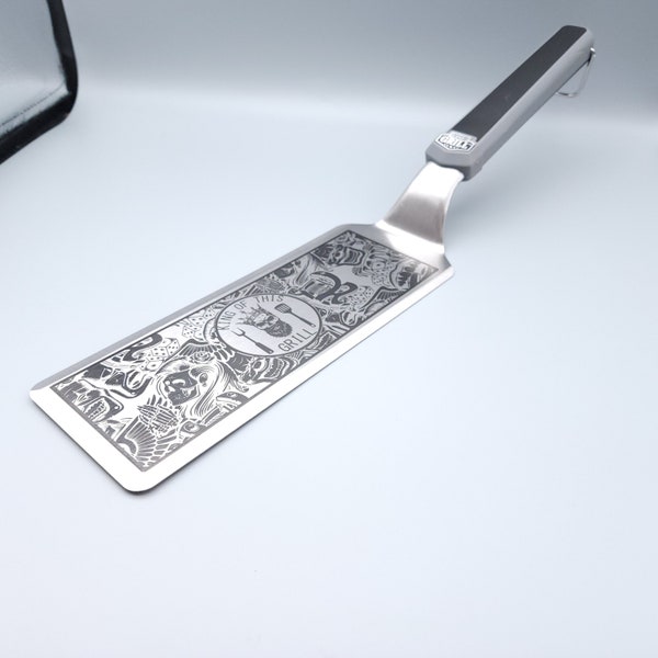 Custom grill griddle spatula masculine theme stainless steel laser marked rubber grip heavy duty thick gauged steel