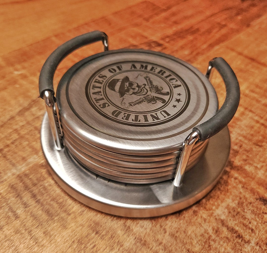 Home Bar Coasters Stainless Steel Laser Engraved Custom Graphics Etsy