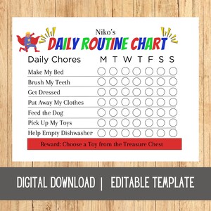 Daily Chore Chart for Kids, Daily Routines Check List, Editable Template Digital Download, Chore Chart