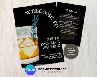 Digital Bachelor Invitation, Whiskey Bachelor Party Invitation And Itinerary, Editable Canva Free Template, Instant Download