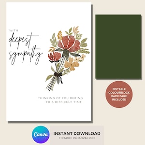 Druckbare Beileidskarte, Mit Beileidskarte, Floral Beileidskarte, Minimalistische Karte, Beileidskarte Vorlage, Canva Free, Sofort Download