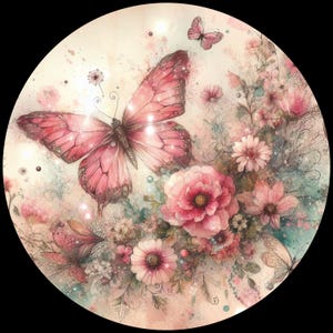 Pink Butterfly with pink roses wind spinner, wind spinner, outdoor decor. 8 inch wind spinner. Great for Mother&#39;s day. Gifts.