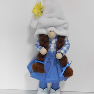Girl Gnome in blue & gingham, Country Gnome, Spring Gnome, Standing girlGnome