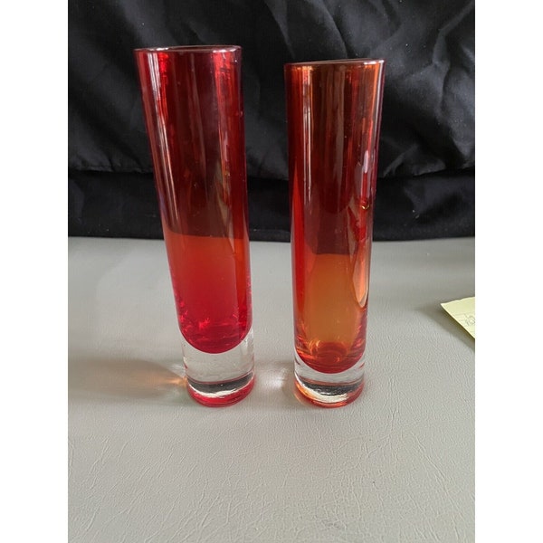 MCM Red & Amberina Glass Bud Vases Clear Botton Colored Top Set Of 2