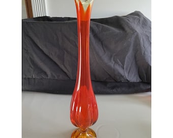 Vtg MCM VIKING Swung Glass Amberina Pedestal Bud Vase 16"H Bulb Shape Persimmon