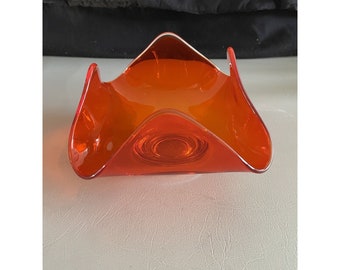 Vtg MCM Viking Art Glass Persimmon Amberina Taschentuch Candy Dish 4 Points