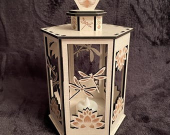 Laser Cut MDF Lantern - Dragonfly & Lotus Design, Battery Tea Light Included